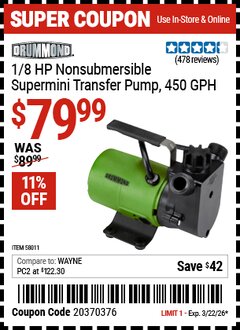 Harbor Freight Coupon DRUMMOND 1/8 HP NONSUBMERSIBLE SUPERMINI TRANSFER PUMP, 450 GPH Lot No. 58011 Valid Thru: 3/22/26 - $79.99