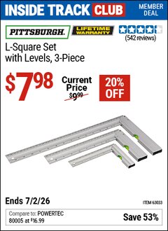 Harbor Freight Coupon PITTSBURGH L-SQUARE SET WITH LEVELS, 3-PIECE Lot No. 63033 Valid: 12/31/69 - 7/2/26 - $7.98