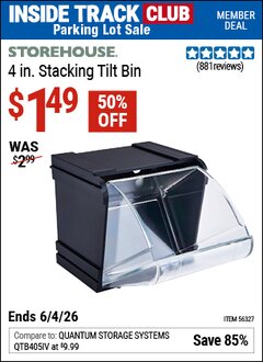 Harbor Freight ITC Coupon STOREHOUSE 4 IN. STACKING TILT BIN Lot No. 56327 Expired: 6/4/26 - $1.49