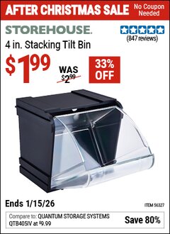 Harbor Freight Coupon STOREHOUSE 4 IN. STACKING TILT BIN Lot No. 56327 Valid Thru: 1/15/26 - $1.99