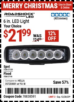 Harbor Freight Coupon ROADSHOCK 6 IN. LED FLOODLIGHT Lot No. 57190/57189 Expired: 12/28/25 - $21.99