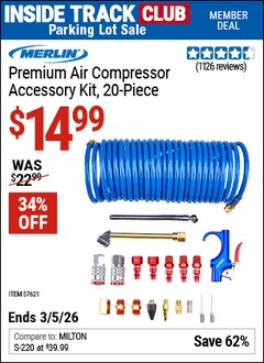 Harbor Freight ITC Coupon MERLIN PREMIUM AIR COMPRESSOR ACCESSORY KIT, 20-PIECE Lot No. 57621 Expired: 3/5/26 - $14.99