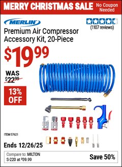 Harbor Freight Coupon MERLIN PREMIUM AIR COMPRESSOR ACCESSORY KIT, 20-PIECE Lot No. 57621 Expired: 12/26/25 - $19.99
