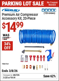 Harbor Freight Coupon MERLIN PREMIUM AIR COMPRESSOR ACCESSORY KIT, 20-PIECE Lot No. 57621 Expired: 3/8/26 - $14.99