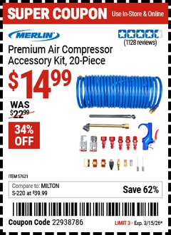 Harbor Freight Coupon MERLIN PREMIUM AIR COMPRESSOR ACCESSORY KIT, 20-PIECE Lot No. 57621 Valid Thru: 3/15/26 - $14.99
