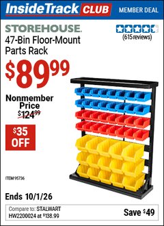 Harbor Freight Coupon STOREHOUSE 47-BIN FLOOR-MOUNT PARTS RACK Lot No. 95736/61166 Valid: 12/31/69 - 10/1/26 - $89.99