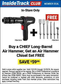 Harbor Freight Free Coupon CHIEF PROFESSIONAL AIR HAMMER CHISEL SET, 6-PIECE Lot No. 56541 EXPIRES: 10/29/26 - FWP