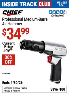 Harbor Freight ITC Coupon CHIEF PROFESSIONAL MEDIUM-BARREL AIR HAMMER Lot No. 56990 Dates Valid: 12/31/69 - 4/30/26 - $34.99