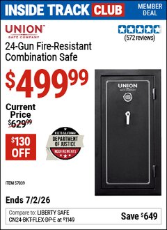 Harbor Freight Coupon UNION SAFE COMPANY 24-GUN FIRE-RESISTANT COMBINATION SAFE Lot No. 57039 Valid: 12/31/69 - 7/2/26 - $499.99