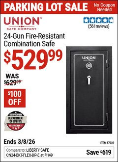 Harbor Freight Coupon UNION SAFE COMPANY 24-GUN FIRE-RESISTANT COMBINATION SAFE Lot No. 57039 Expired: 3/8/26 - $529.99
