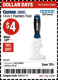 Harbor Freight Coupon QUINN 14-IN-1 PAINTERS TOOL Lot No. 58046 Valid Thru: 1/14/26 - $4