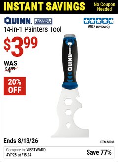 Harbor Freight Coupon QUINN 14-IN-1 PAINTERS TOOL Lot No. 58046 Valid Thru: 6/13/26 - $3.99