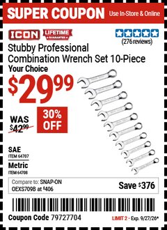 Harbor Freight Coupon ICON STUBBY PROFESSIONAL COMBINATION WRENCH SET, 10-PIECE Lot No. 64707/64708 Expired: 9/27/26 - $29.99