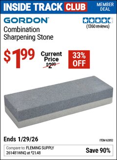 Harbor Freight ITC Coupon GORDON COMBINATION SHARPENING STONE Lot No. 62852 Valid Thru: 1/29/26 - $1.99