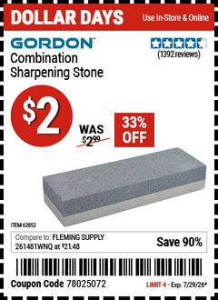 Harbor Freight Coupon GORDON COMBINATION SHARPENING STONE Lot No. 62852 Valid Thru: 7/29/26 - $2