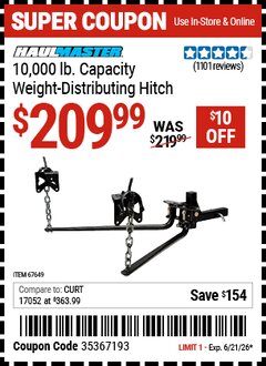 Harbor Freight Coupon HAUL-MASTER 10,000 LB. CAPACITY WEIGHT-DISTRIBUTING HITCH Lot No. 67649 Valid Thru: 6/21/26 - $209.99