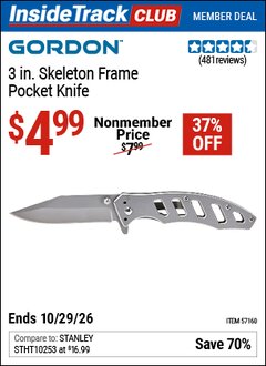 Harbor Freight ITC Coupon GORDON 3 IN. SKELETON FRAME POCKET KNIFE Lot No. 57160 Dates Valid: 12/31/69 - 10/29/26 - $4.99