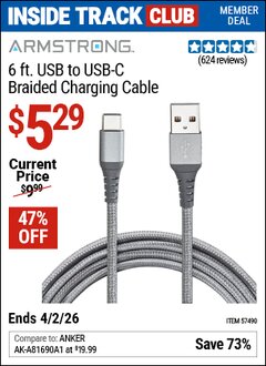 Harbor Freight Coupon ARMSTRONG 6 FT. USB TO USB-C BRAIDED CHARGING CABLE Lot No. 57490 Valid: 12/31/69 - 4/2/26 - $5.29