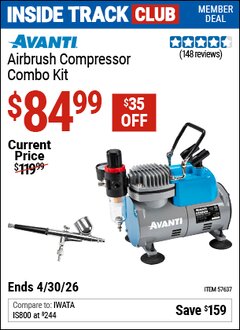 Harbor Freight ITC Coupon AVANTI AIRBRUSH COMPRESSOR COMBO KIT Lot No. 57637 Dates Valid: 12/31/69 - 4/30/26 - $84.99