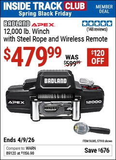 Harbor Freight ITC Coupon BADLAND APEX 12,000 LB. WINCH WITH STEEL ROPE AND WIRELESS REMOTE Lot No. 57918 Expired: 4/9/26 - $479.99