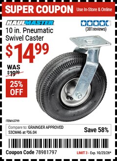 Harbor Freight Coupon HAUL-MASTER 10 IN. PNEUMATIC SWIVEL CASTER Lot No. 63799 EXPIRES: 10/25/26 - $14.99