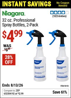 Harbor Freight Coupon NIAGARA 32 OZ. PROFESSIONAL SPRAY BOTTLES, 2-PACK Lot No. 58153 Expired: 6/13/26 - $4.99