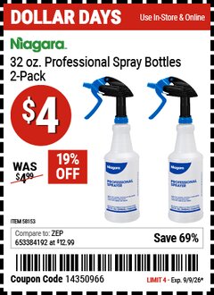 Harbor Freight Coupon NIAGARA 32 OZ. PROFESSIONAL SPRAY BOTTLES, 2-PACK Lot No. 58153 EXPIRES: 9/9/26 - $4