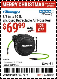 Harbor Freight Coupon MERLIN 3/8 IN. X 50 FT. ENCLOSED RETRACTABLE AIR HOSE REEL Lot No. 58541 Expired: 12/28/25 - $69.99