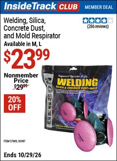 Harbor Freight ITC Coupon GERSON WELDING, SILICA, CONCRETE DUST & MOLD RESPIRATOR Lot No. 56987 Dates Valid: 12/31/69 - 10/29/26 - $23.99
