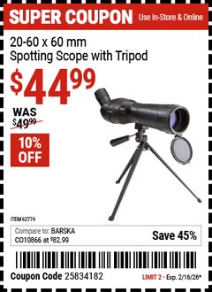 Harbor Freight Coupon 20-60 X 60 MM SPOTTING SCOPE WITH TRIPOD Lot No. 62774 Valid Thru: 2/16/26 - $44.99