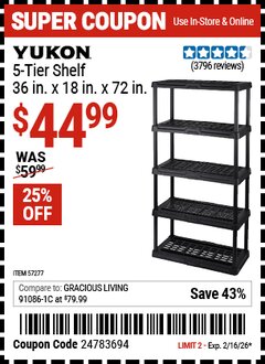 Harbor Freight Coupon YUKON 5-TIER SHELF, 36 IN. X 18 IN. X 72 IN. Lot No. 57277 Valid Thru: 2/16/26 - $44.99
