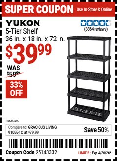 Harbor Freight Coupon YUKON 5-TIER SHELF, 36 IN. X 18 IN. X 72 IN. Lot No. 57277 Valid Thru: 4/26/26 - $39.99