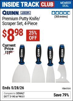 Harbor Freight ITC Coupon QUINN PREMIUM PUTTY KNIFE/SCRAPER SET, 4-PIECE Lot No. 57215 Expired: 5/28/26 - $8.98
