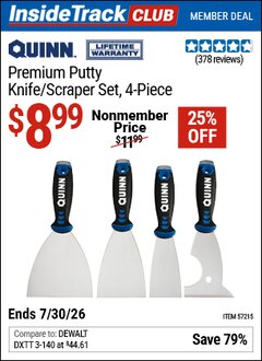 Harbor Freight ITC Coupon QUINN PREMIUM PUTTY KNIFE/SCRAPER SET, 4-PIECE Lot No. 57215 Dates Valid: 12/31/69 - 7/30/26 - $8.99