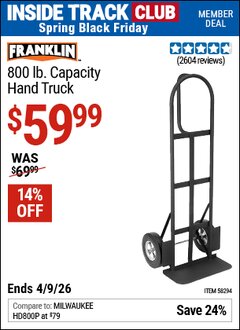 Harbor Freight ITC Coupon FRANKLIN 800 LB. CAPACITY HAND TRUCK Lot No. 58294 Expired: 4/9/26 - $59.99