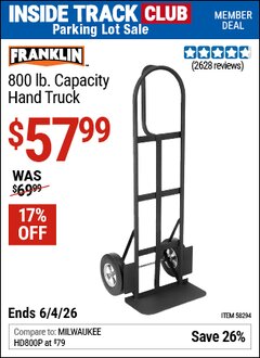 Harbor Freight ITC Coupon FRANKLIN 800 LB. CAPACITY HAND TRUCK Lot No. 58294 Expired: 6/4/26 - $57.99