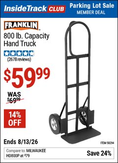 Harbor Freight ITC Coupon FRANKLIN 800 LB. CAPACITY HAND TRUCK Lot No. 58294 Expired: 8/13/26 - $59.99