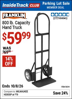 Harbor Freight ITC Coupon FRANKLIN 800 LB. CAPACITY HAND TRUCK Lot No. 58294 Expired: 10/8/26 - $59.99