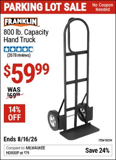 Harbor Freight Coupon FRANKLIN 800 LB. CAPACITY HAND TRUCK Lot No. 58294 Expired: 8/16/26 - $59.99