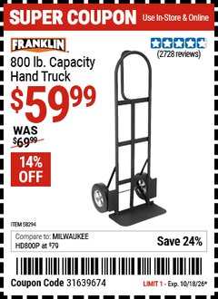 Harbor Freight Coupon FRANKLIN 800 LB. CAPACITY HAND TRUCK Lot No. 58294 Expired: 10/18/26 - $59.99