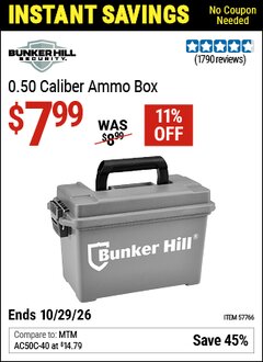 Harbor Freight Coupon BUNKER HILL SECURITY 0.50 CALIBER AMMO BOX Lot No. 57766 EXPIRES: 10/29/26 - $7.99