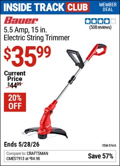 Harbor Freight ITC Coupon BAUER 5.5 AMP, 15 IN. ELECTRIC STRING TRIMMER Lot No. 57610 Expired: 5/28/26 - $35.99