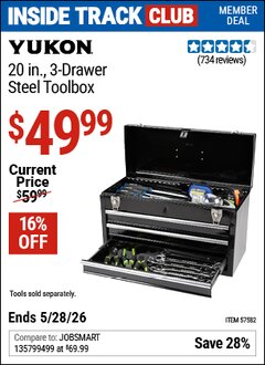Harbor Freight ITC Coupon YUKON 20 IN., 3-DRAWER STEEL TOOLBOX Lot No. 57582 Expired: 5/28/26 - $49.99