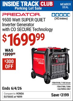 Harbor Freight ITC Coupon PREDATOR 9500 WATT SUPER QUIET INVERTER GENERATOR WITH CO SECURE TECHNOLOGY Lot No. 57080 Expired: 6/4/26 - $1699.99