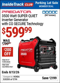 Harbor Freight ITC Coupon PREDATOR 3500 WATT SUPER QUIET INVERTER GENERATOR WITH CO SECURE TECHNOLOGY Lot No. 71358/59137/72899 Expired: 8/13/26 - $599.99