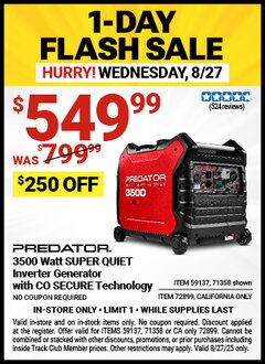 Harbor Freight Coupon PREDATOR 3500 WATT SUPER QUIET INVERTER GENERATOR WITH CO SECURE TECHNOLOGY Lot No. 71358/59137/72899 Expired: 8/27/25 - $549.99