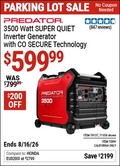 Harbor Freight Coupon PREDATOR 3500 WATT SUPER QUIET INVERTER GENERATOR WITH CO SECURE TECHNOLOGY Lot No. 71358/59137/72899 Expired: 8/16/26 - $599.99