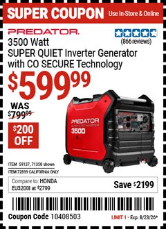 Harbor Freight Coupon PREDATOR 3500 WATT SUPER QUIET INVERTER GENERATOR WITH CO SECURE TECHNOLOGY Lot No. 71358/59137/72899 Expired: 8/23/26 - $599.99