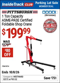 Harbor Freight ITC Coupon PITTSBURGH 1 TON CAPACITY FOLDABLE SHOP CRANE Lot No. 58794 Expired: 10/8/26 - $199.99