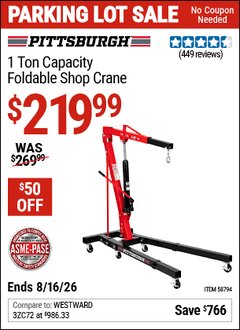 Harbor Freight Coupon PITTSBURGH 1 TON CAPACITY ASME-PASE CERTIFIED FOLDABLE SHOP CRANE Lot No. 58794 Expired: 8/16/26 - $219.99